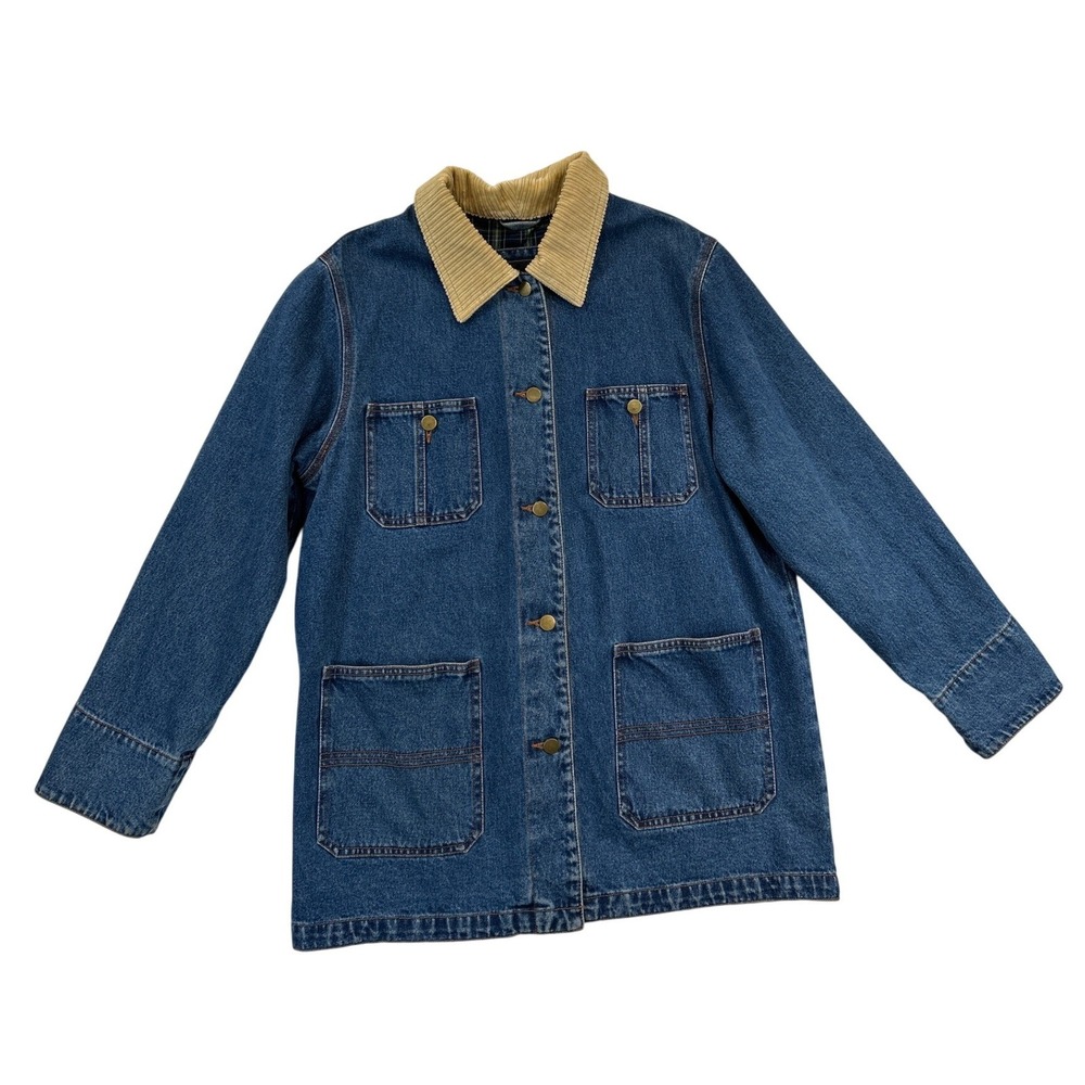 Outbrook Denim Chore Coat Women L Blue‎ Plaid Lined Corduroy Collar